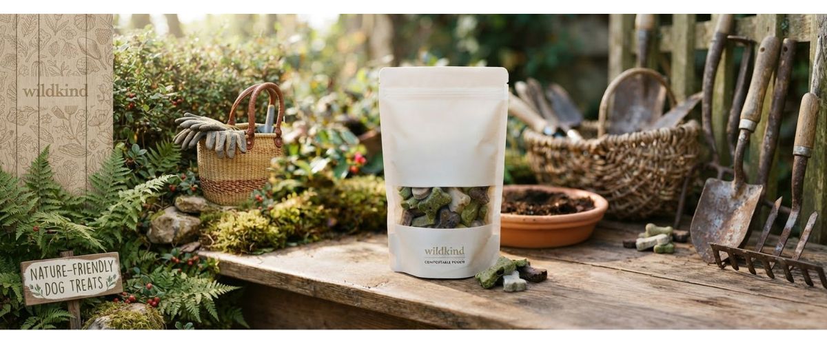 WildKind compostable pet treat pouch on a garden potting bench