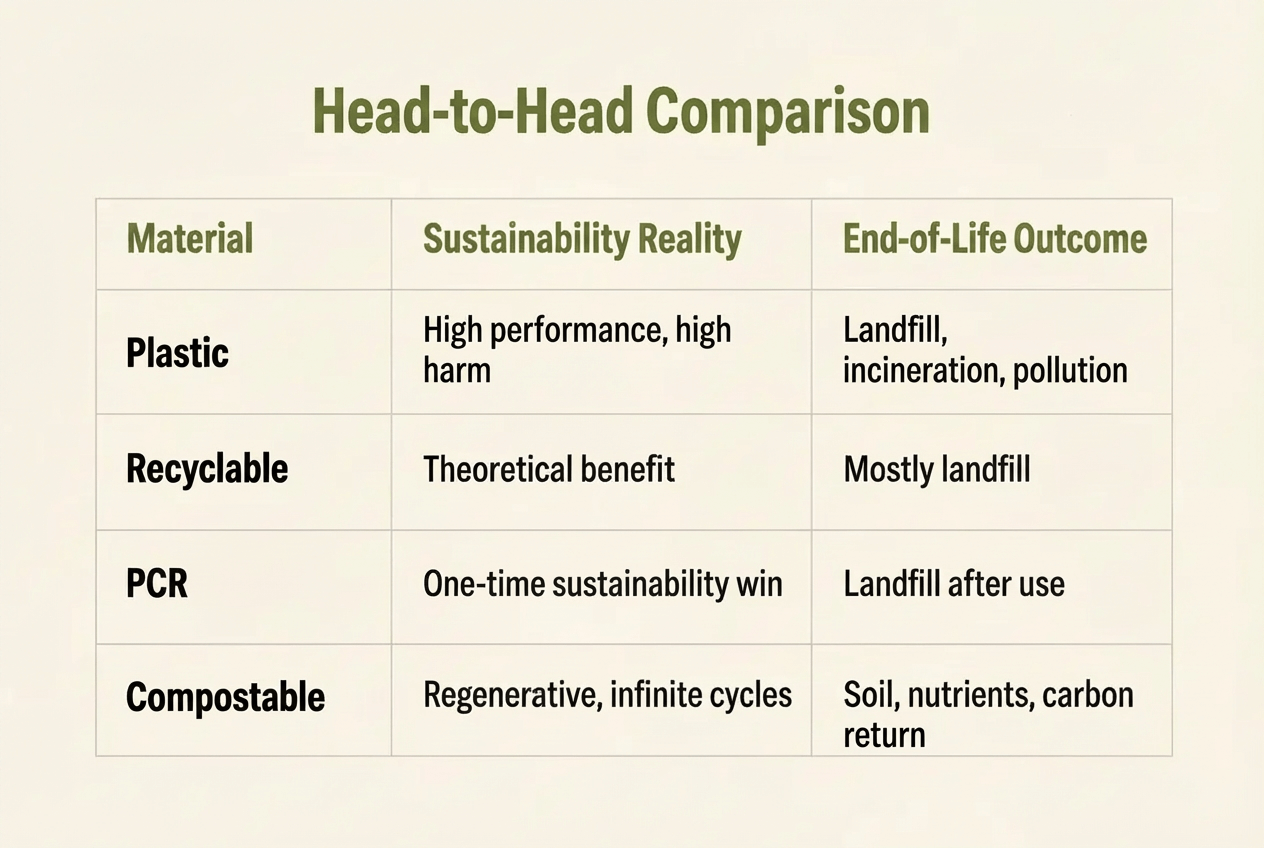PCR vs Recyclable vs Plastic: Head to Head comparison
